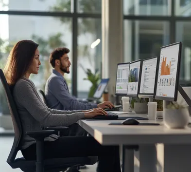 Professionals working on Amazon brand listings in a modern office.