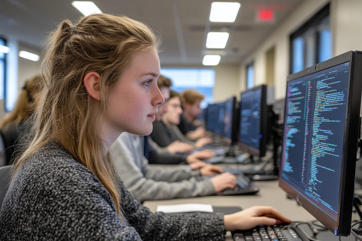 Software development team in a training session, coding on multiple screens in a modern workspace.