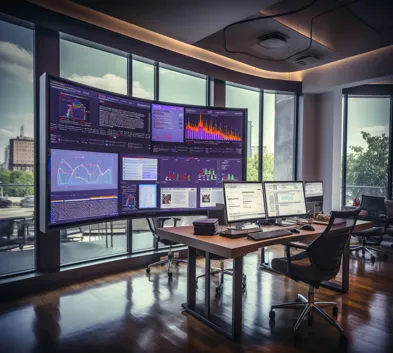 A high-end digital marketing agency office with multiple monitors displaying analytics and marketing data