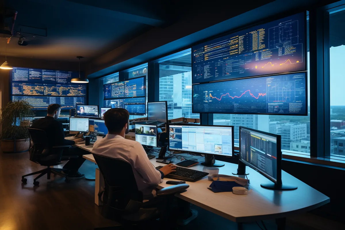 A high-tech digital marketing office workspace with professionals working on multiple monitors displaying analytics and marketing strategies.