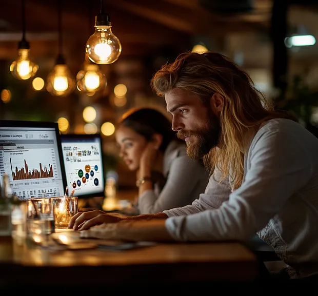 A focused digital marketing strategy team analyzing real-time data on multiple screens in a modern office.