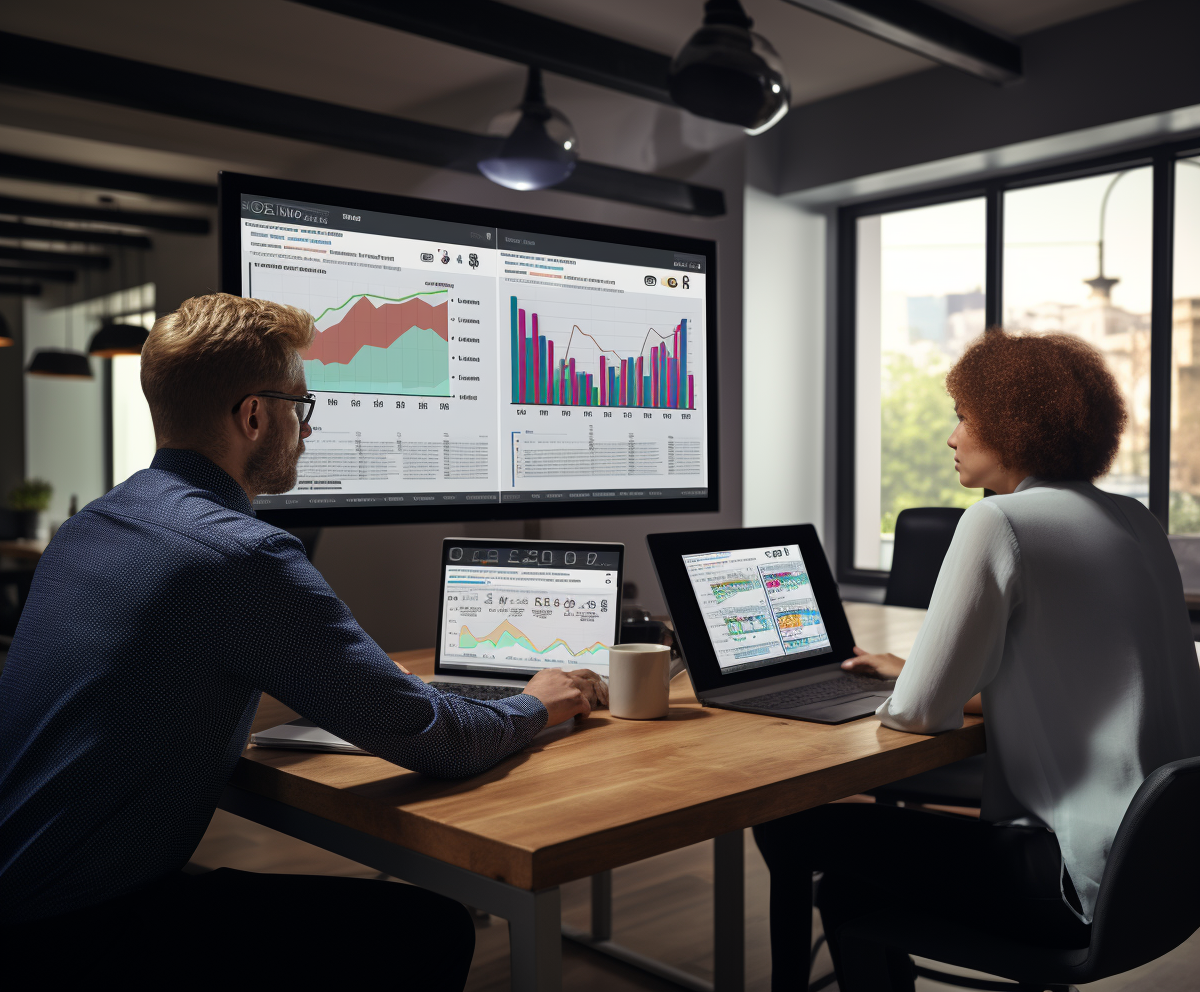 A professional digital marketing team analyzing data on screens. 