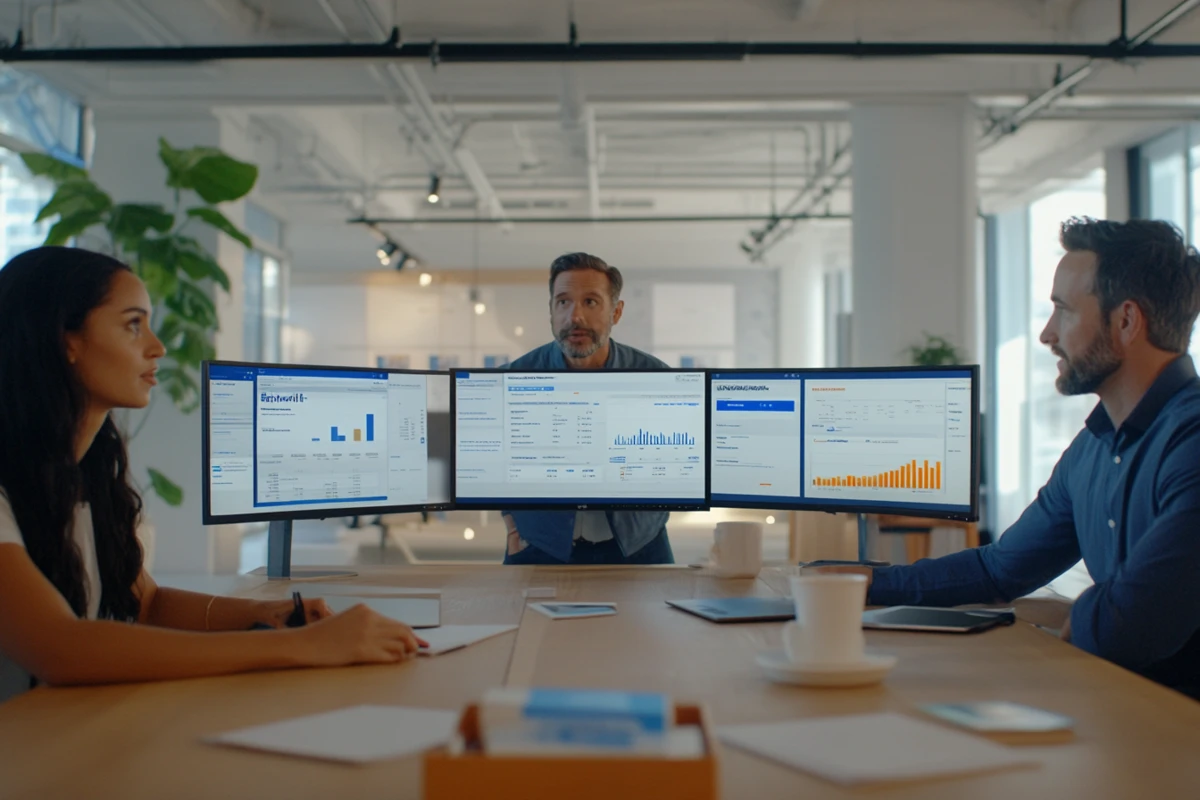 E-commerce strategy team analyzing data insights on multiple screens in a modern office environment.