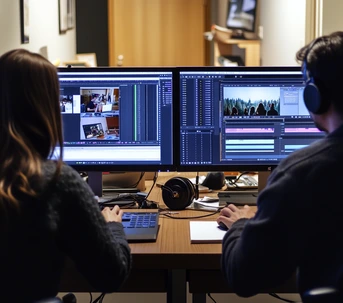 Two video editors reviewing and revising final content with editing software on screen
