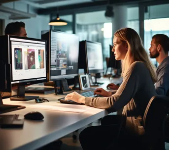 Team of graphic designers working on digital projects in a modern office