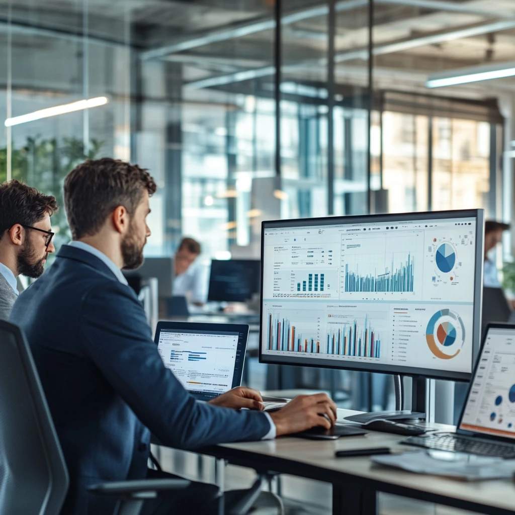 Modern digital marketing agency office with professionals analyzing data on multiple monitors displaying SEO insights, analytics, and branding strategies.