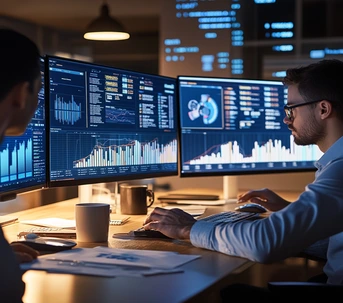 Side view of a digital marketer analyzing PPC performance metrics on dual monitors in a modern office