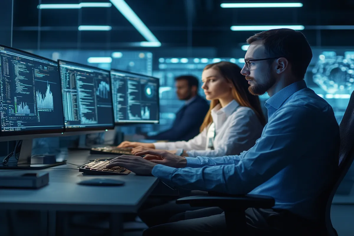 Digital marketing team monitoring PPC campaign dashboards on multiple screens