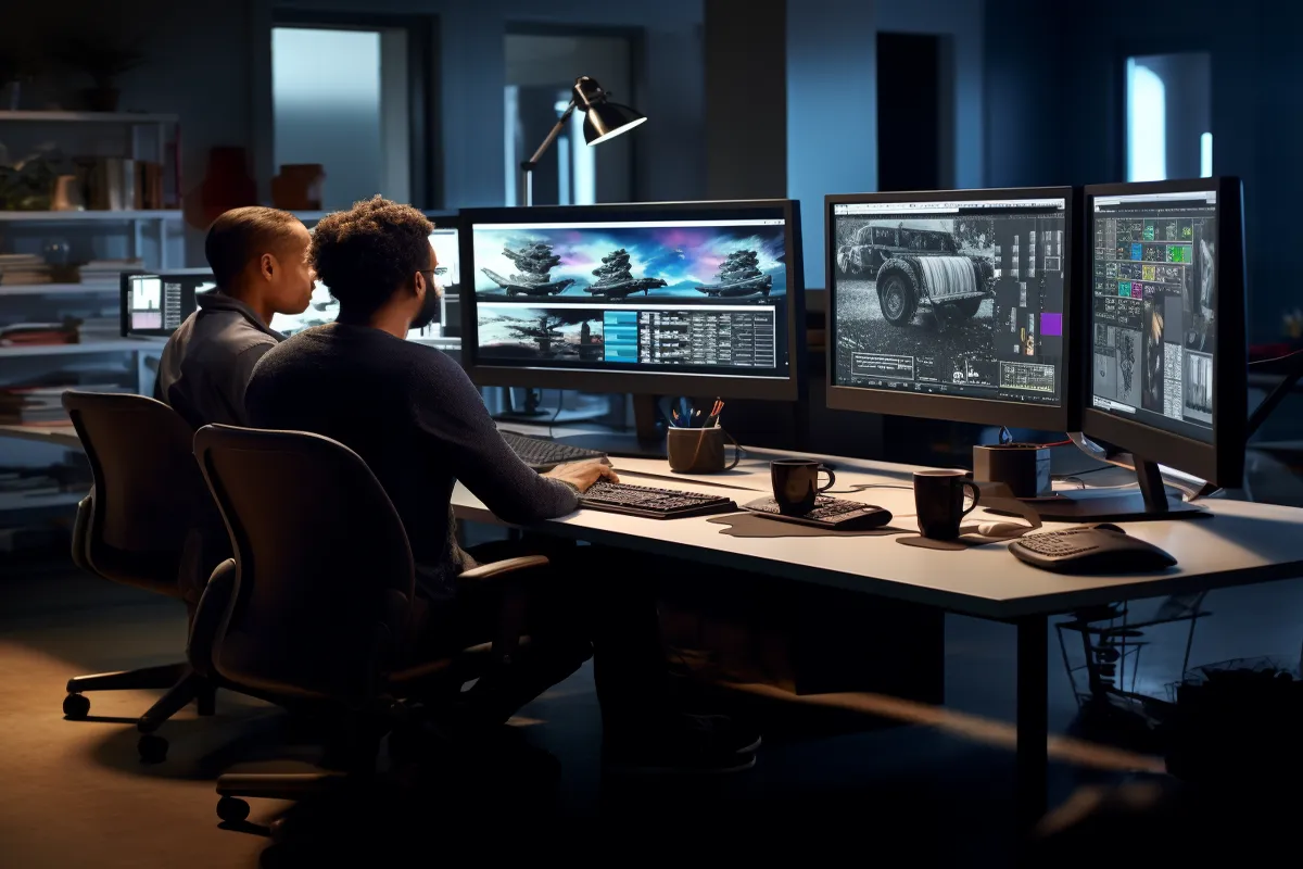 Two graphic designers working on multiple monitors in a modern studio