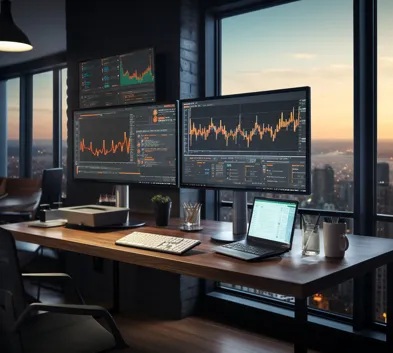 Performance tracking dashboard with SEO metrics on multiple monitors