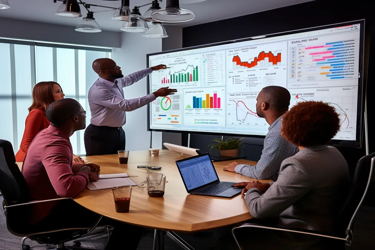 SEO specialists analyzing keyword rankings, search engine trends, and optimization reports on high-resolution screens.