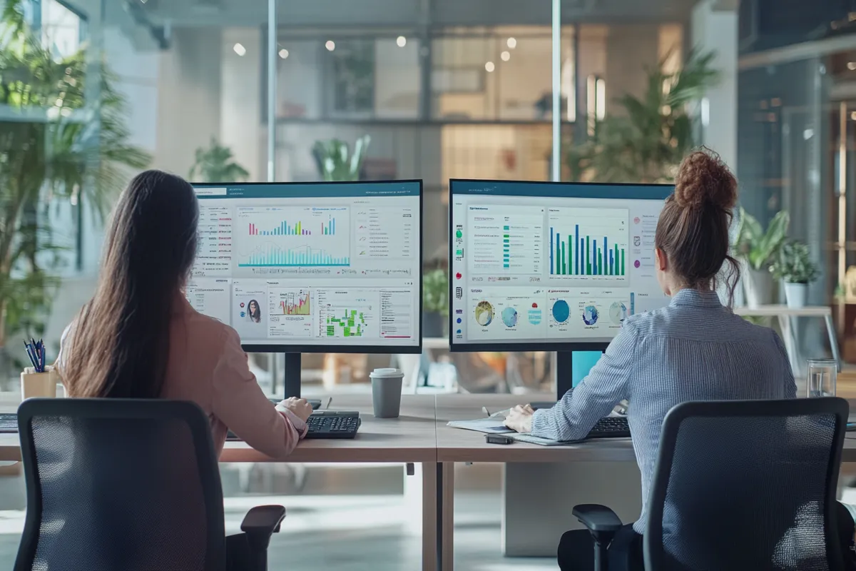 Two professionals managing social media analytics in a modern office setting