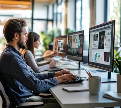 Ultra-realistic office with a team planning social media content