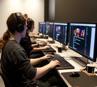 Side-angle view of three video editors working on implementation using editing software, hands on keyboard and mouse, in a clean studio setup.