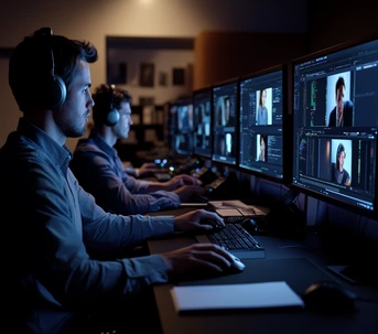 Ultra-realistic side angle image of a professional video editing team at work
