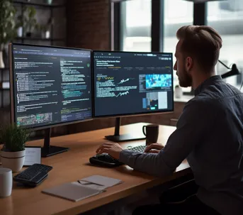 Hyper-realistic web design agency with developers coding on multiple screens