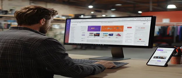 Professional web developer working on a modern e-commerce platform, optimizing an online store for enhanced performance and user experience.